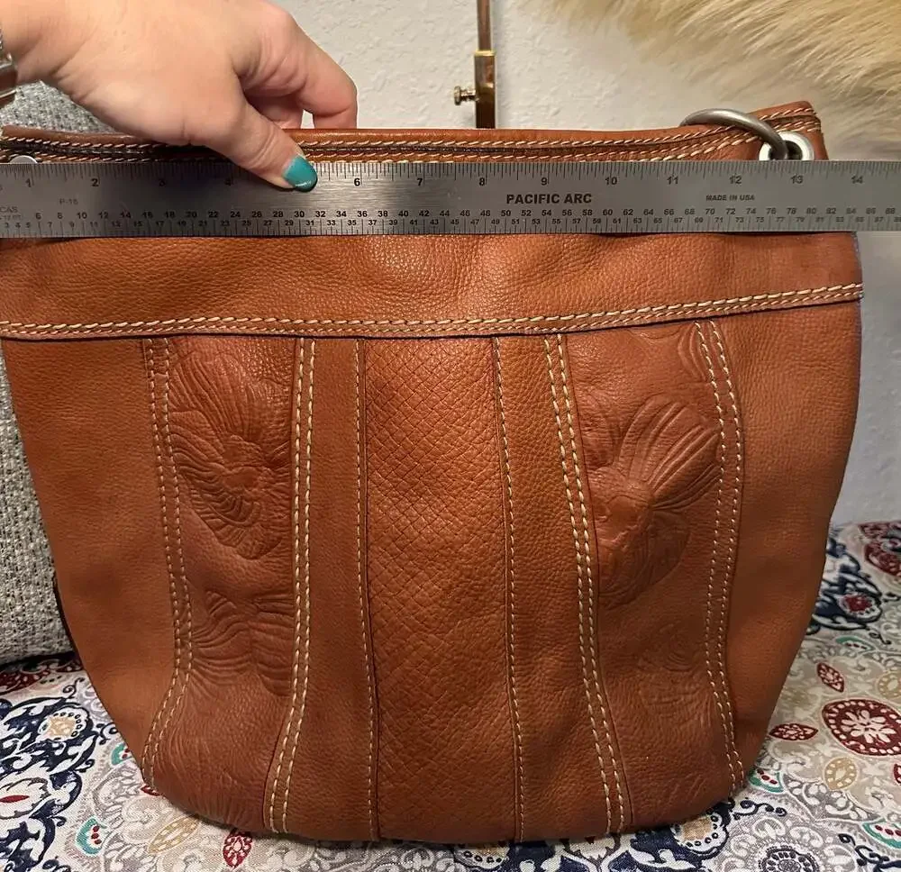 Fossil Brown Leather Hobo Shoulder Bag with Embossed Floral and Textured Details